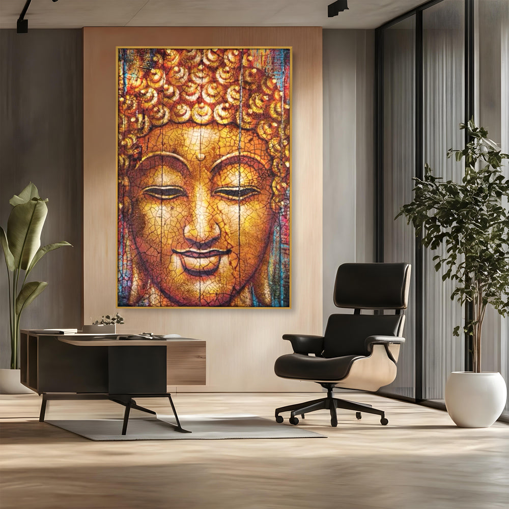 Tablou canvas cu tablou canvas cu chipul lui buddha, in rama de aluminiu auriu, pe perete intr-un birou
